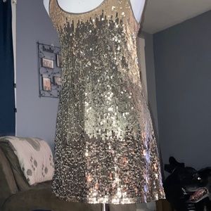 EXPRESS MINI DRESS LOADEDw/SEQUINS GOLD COPPER & GREEN SATIN LINED SO SEXY!!